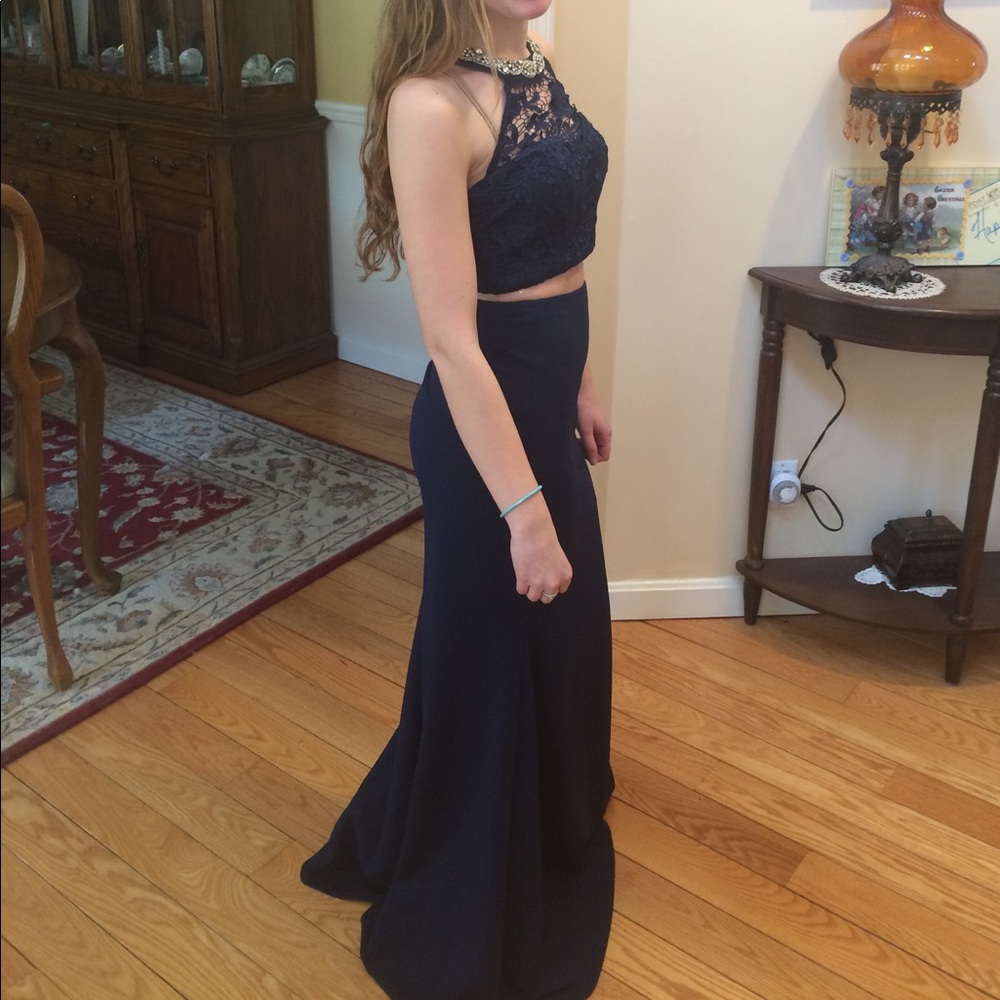 Navy blue two piece prom dress